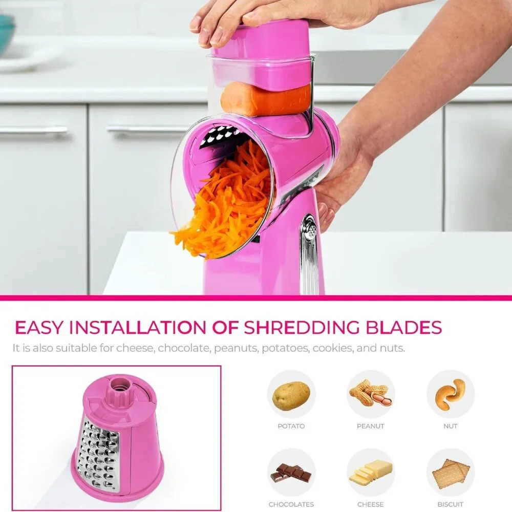 Rotary Cheese Grater w/Handle &5 Blades, Round Slicer & Vegetable Grater Pink
